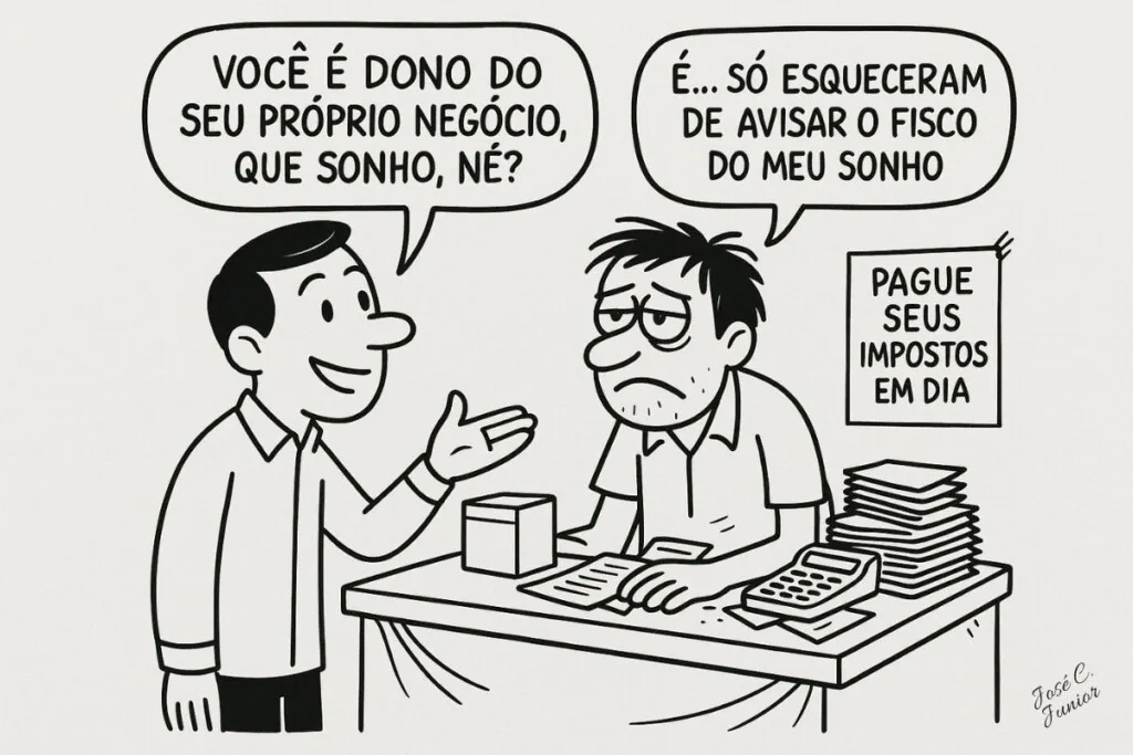 Charge da Semana mostra um MEI ouvindo que ser dono do negócio é um sonho e respondendo que o fisco não foi avisado.